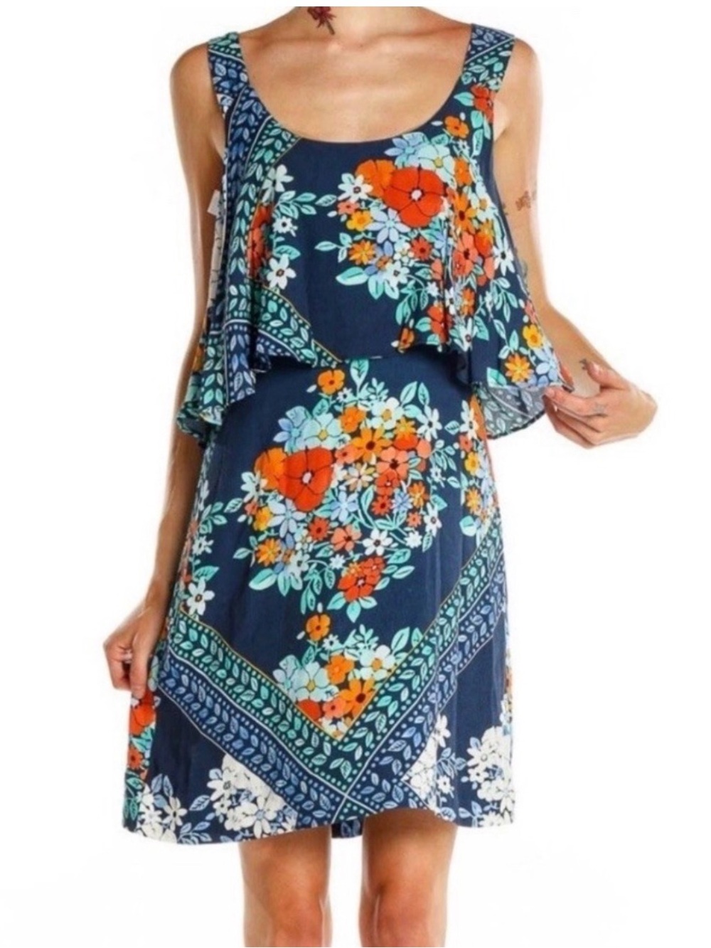 Anthropologie Maeve Tisana Floral Mini Dress Blue Orange Patchwork